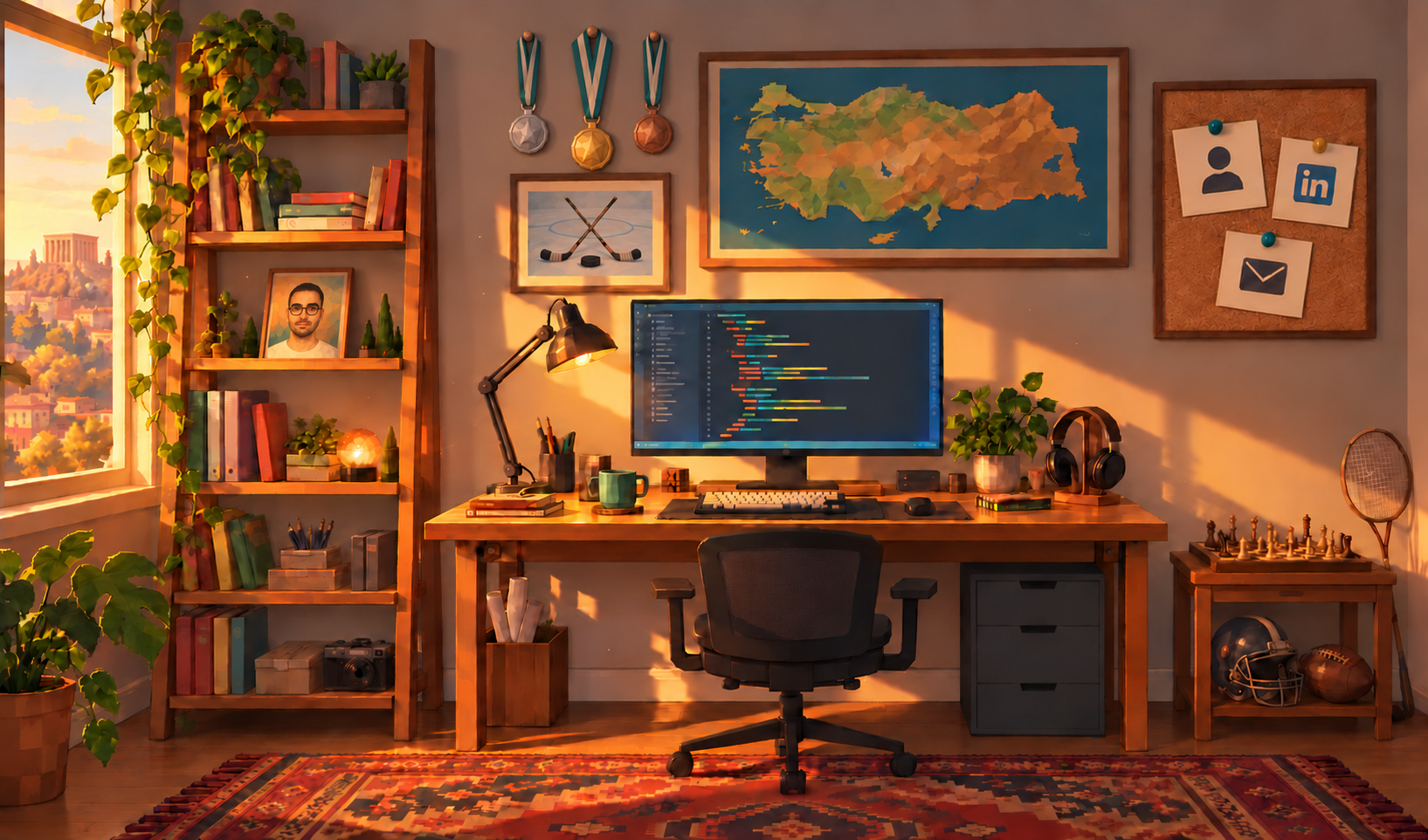 Gün batımında Ankara manzaralı; kitaplıkta Efe'nin low-poly portresi, madalyalar, buz hokeyi tablosu, iletişim panosu ve spor köşesi bulunan low-poly tarzında bir yazılımcı çalışma odası